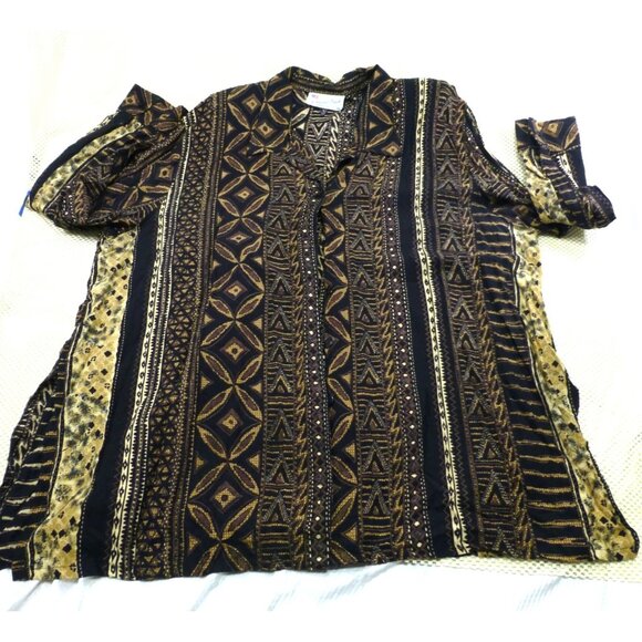 VTG A Personal Touch Womens 4X Button-Up Shirt Black/Gold Tribal Pattern 100% Ra - Picture 1 of 9